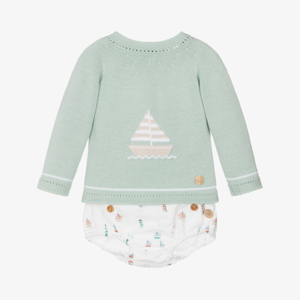 Artesanía Granlei-Baby Boys Pastel Green Shorts Set with Boat Motifs | Childrensalon