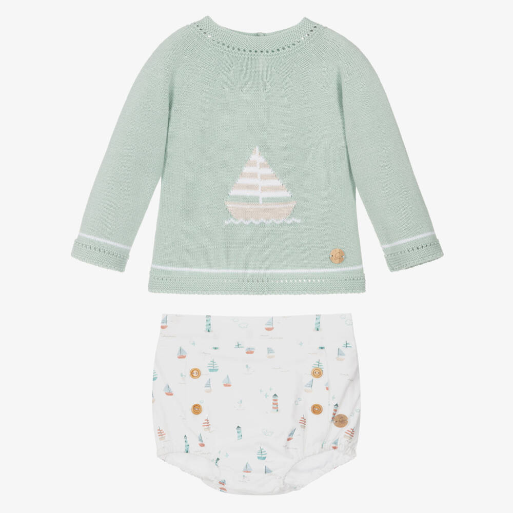 Artesanía Granlei-Baby Boys Pastel Green Shorts Set with Boat Motifs | Childrensalon