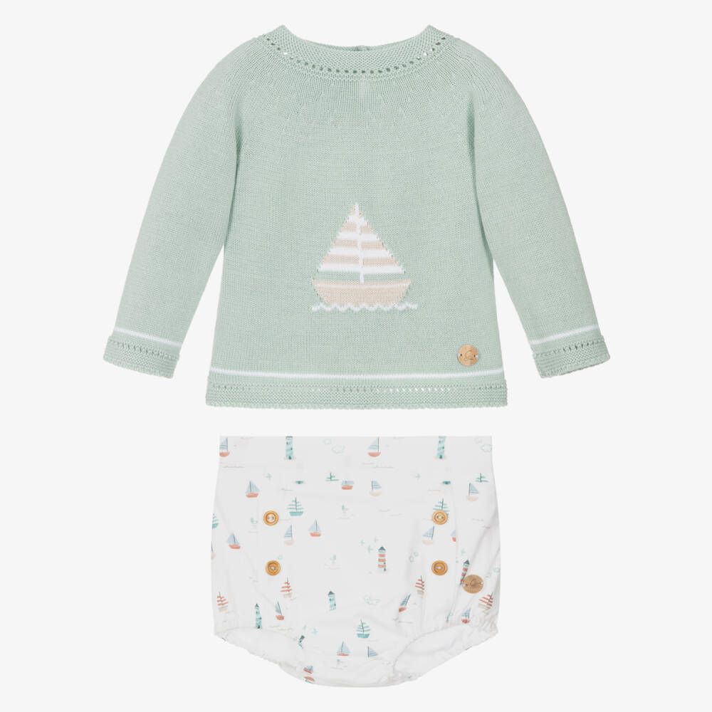 Artesanía Granlei-Baby Boys Pastel Green Shorts Set with Boat Motifs | Childrensalon