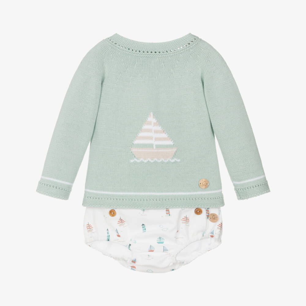 Artesanía Granlei-Baby Boys Pastel Green Shorts Set with Boat Motifs | Childrensalon