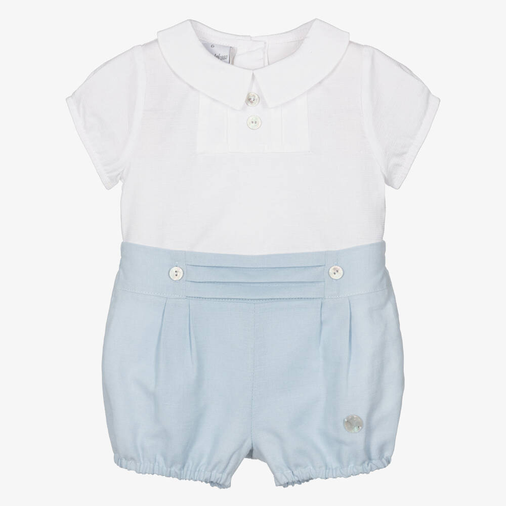 Artesanía Granlei-Baby Boys White & Blue Cotton Collared Buster Suit | Childrensalon