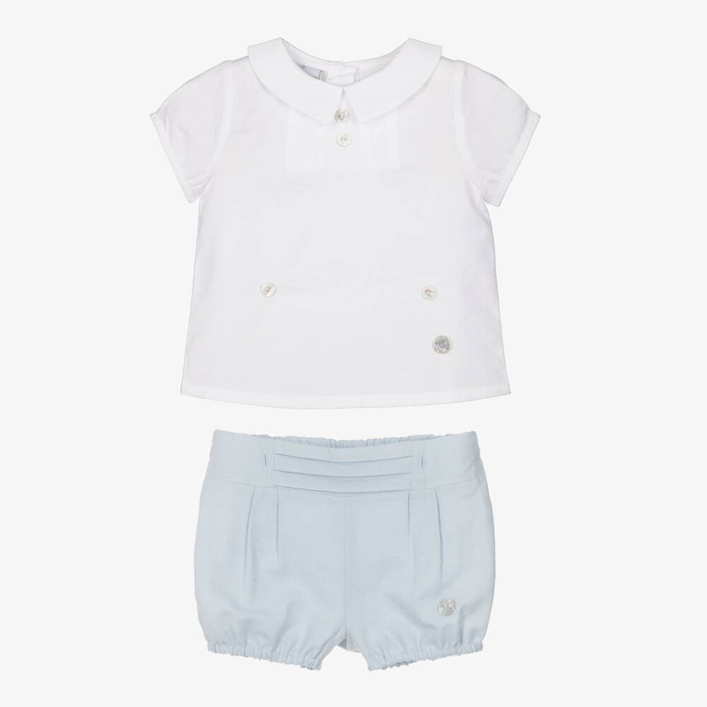 Artesanía Granlei-Baby Boys White & Blue Cotton Collared Buster Suit | Childrensalon