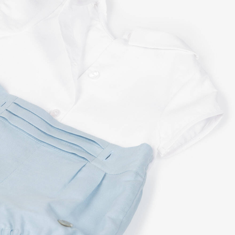Artesanía Granlei-Baby Boys White & Blue Cotton Collared Buster Suit | Childrensalon