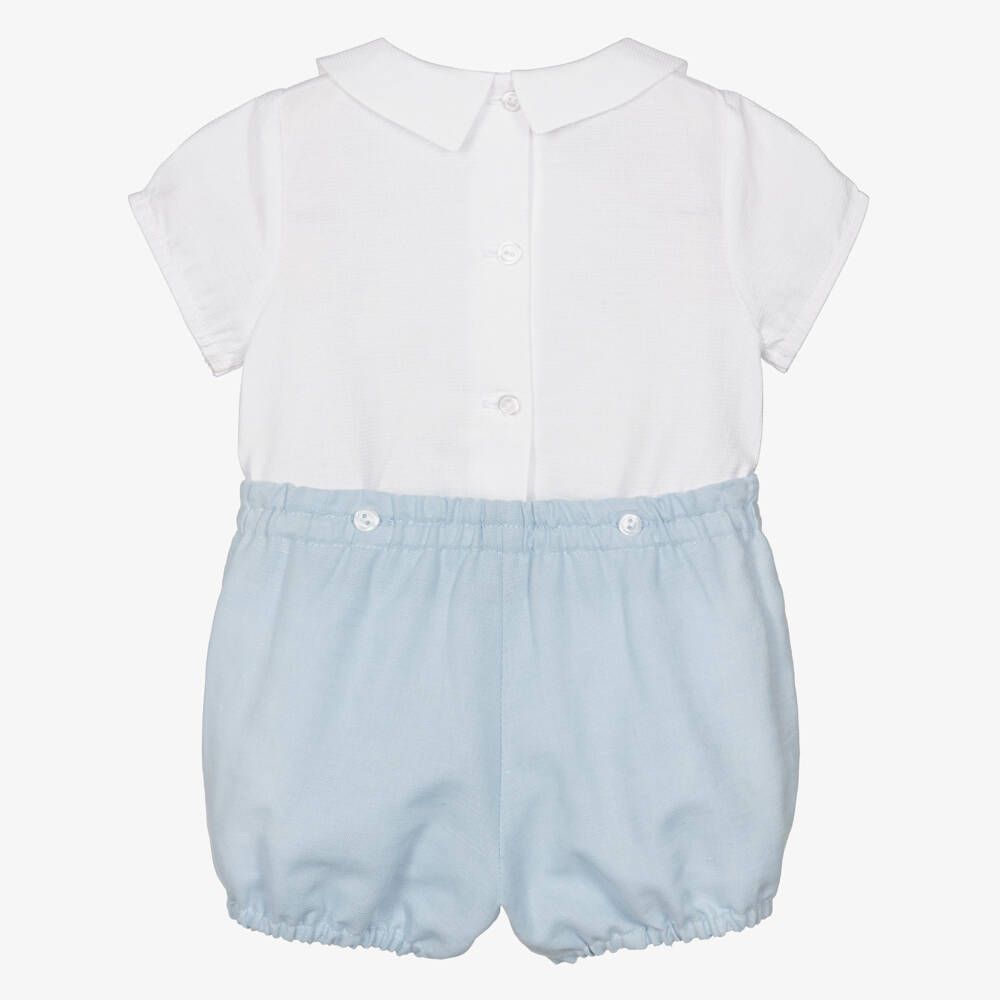 Artesanía Granlei-Baby Boys White & Blue Cotton Collared Buster Suit | Childrensalon