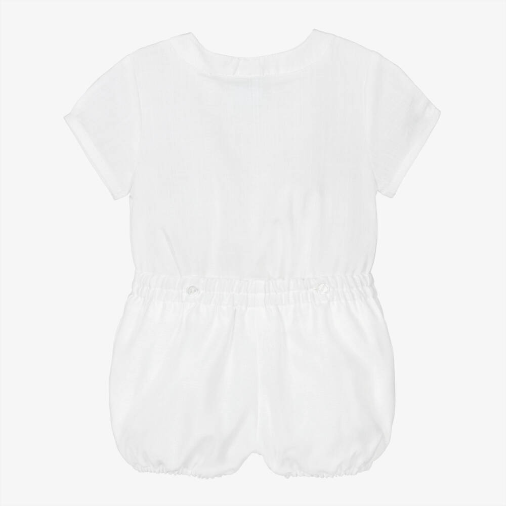 Artesanía Granlei-Baby Boys White Buster Suit with Ladder Lace Trim | Childrensalon