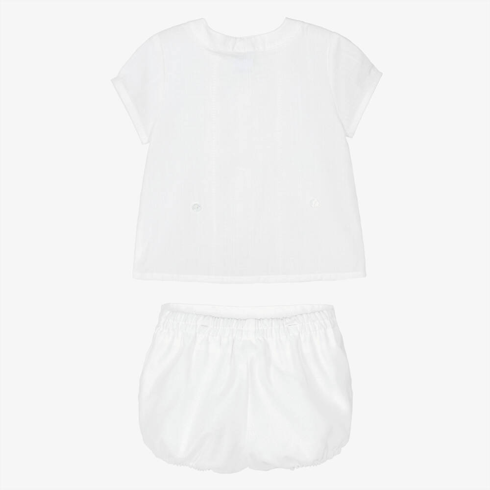 Artesanía Granlei-Baby Boys White Buster Suit with Ladder Lace Trim | Childrensalon