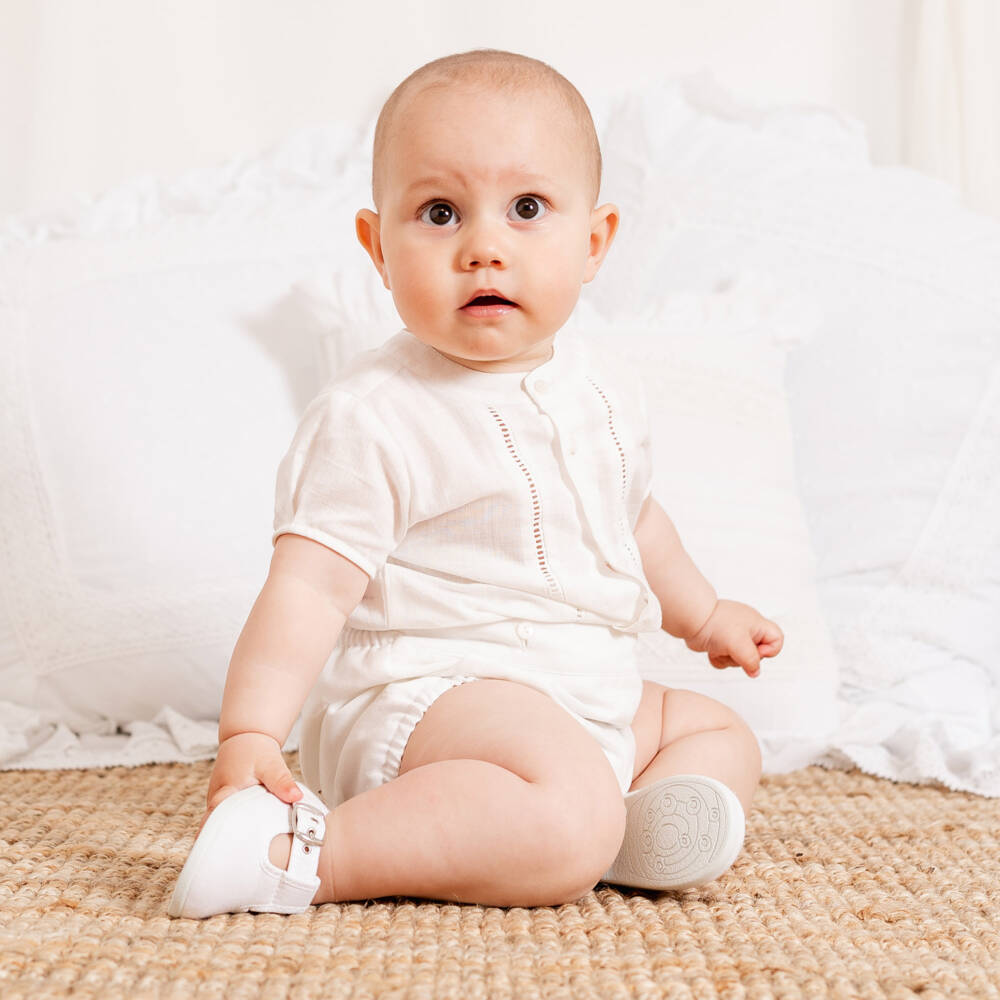 Artesanía Granlei-Baby Boys White Buster Suit with Ladder Lace Trim | Childrensalon