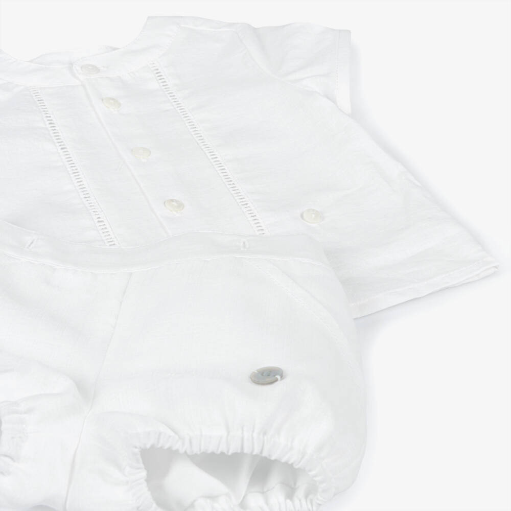 Artesanía Granlei-Baby Boys White Buster Suit with Ladder Lace Trim | Childrensalon