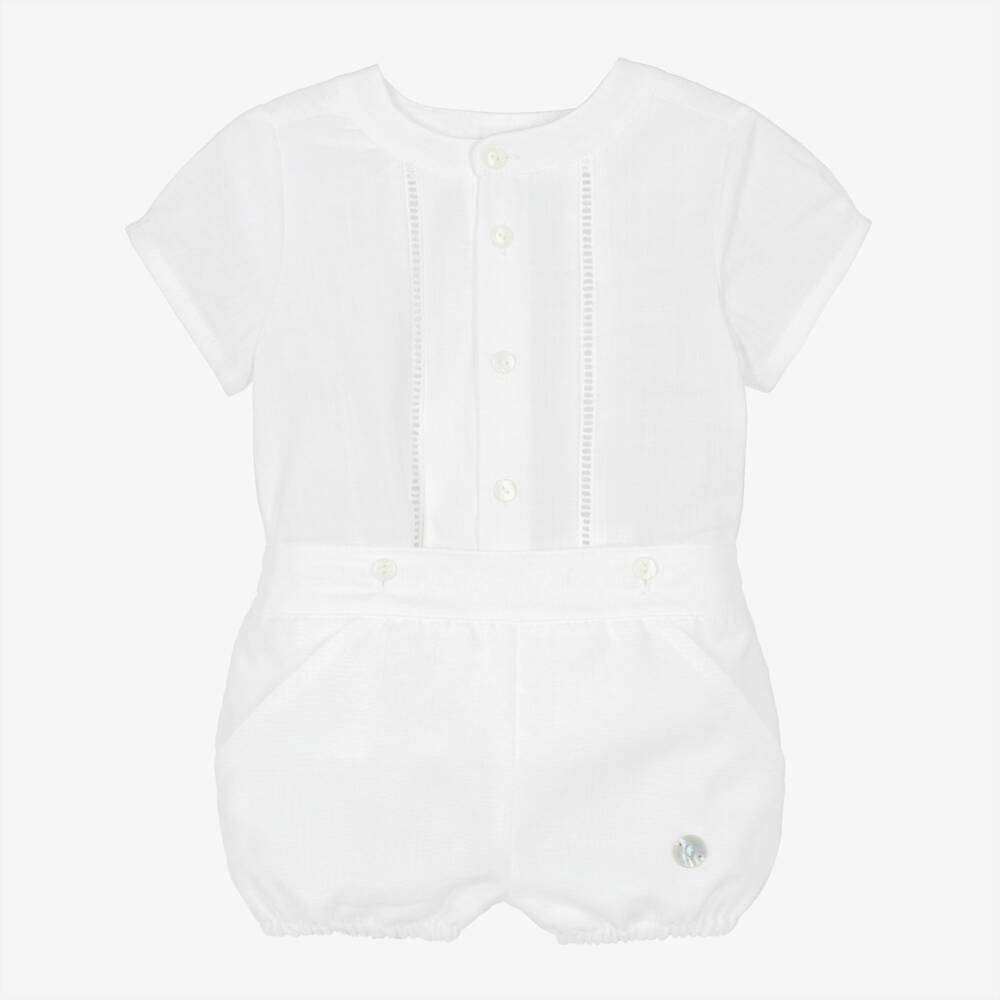 Artesanía Granlei-Baby Boys White Buster Suit with Ladder Lace Trim | Childrensalon