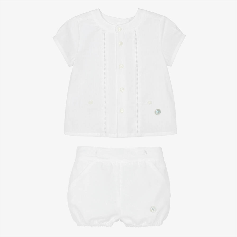 Artesanía Granlei-Baby Boys White Buster Suit with Ladder Lace Trim | Childrensalon