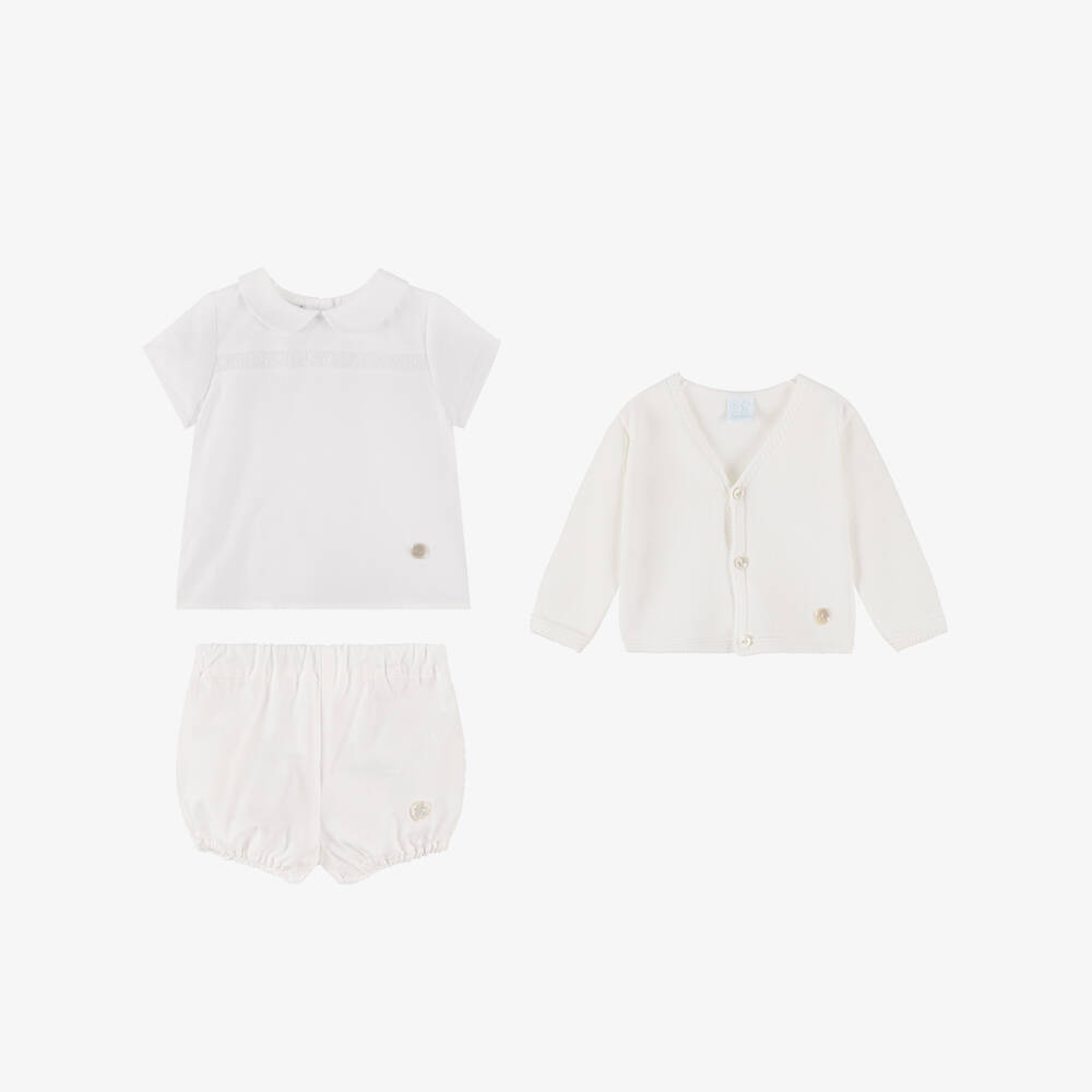 Artesanía Granlei-Baby Boys White Cardigan, Shirt & Shorts Set | Childrensalon