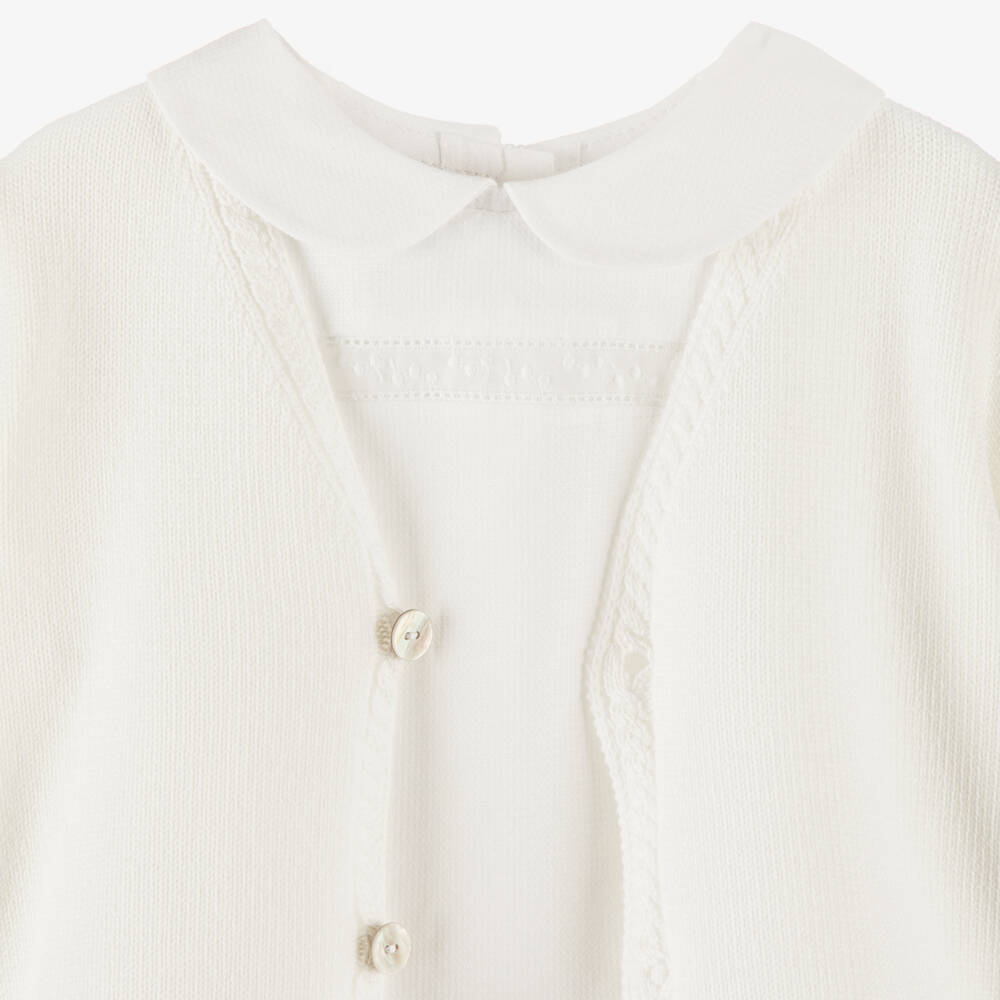 Artesanía Granlei-Baby Boys White Cardigan, Shirt & Shorts Set | Childrensalon