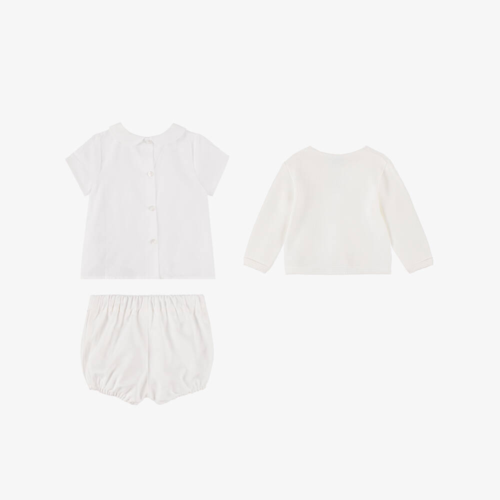 Artesanía Granlei-Baby Boys White Cardigan, Shirt & Shorts Set | Childrensalon
