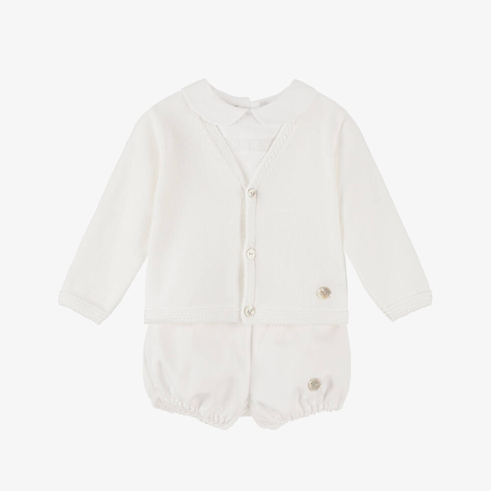 Artesanía Granlei-Baby Boys White Cardigan, Shirt & Shorts Set | Childrensalon