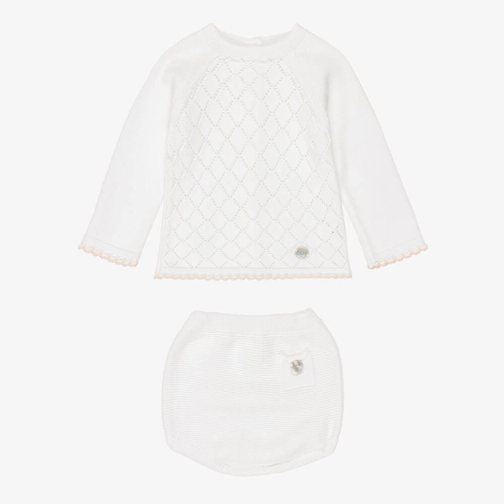 Artesanía Granlei-Baby Boys White Diamond Knit Shorts Set | Childrensalon