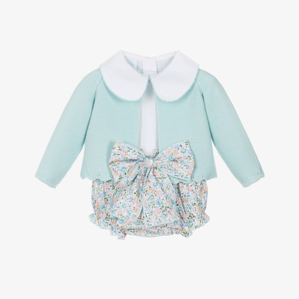 Artesanía Granlei-Baby Girls Aqua Green Cardigan & Floral Shorts Set  | Childrensalon
