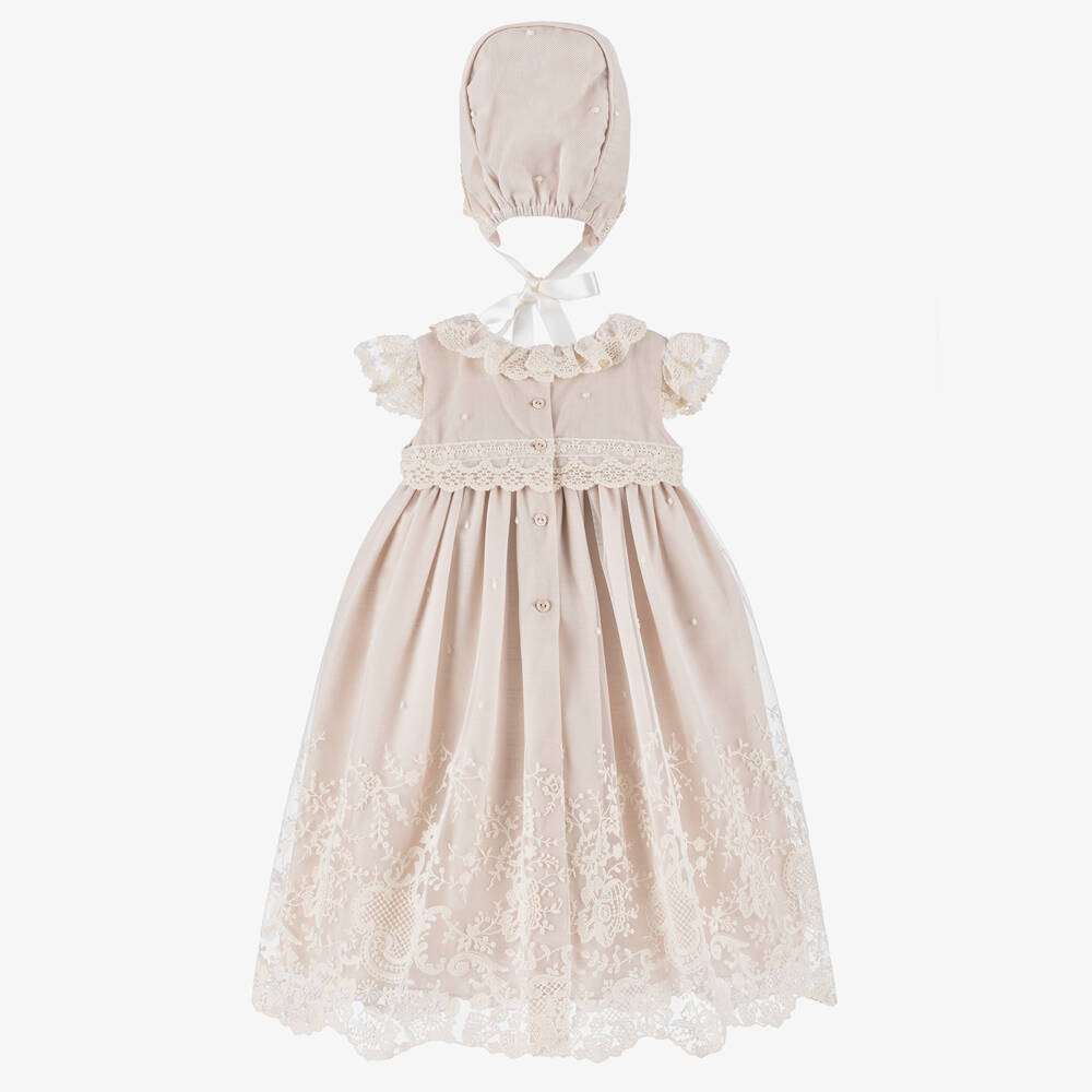 Artesanía Granlei-Baby Girls Beige Ceremony Dress & Bonnet Set | Childrensalon