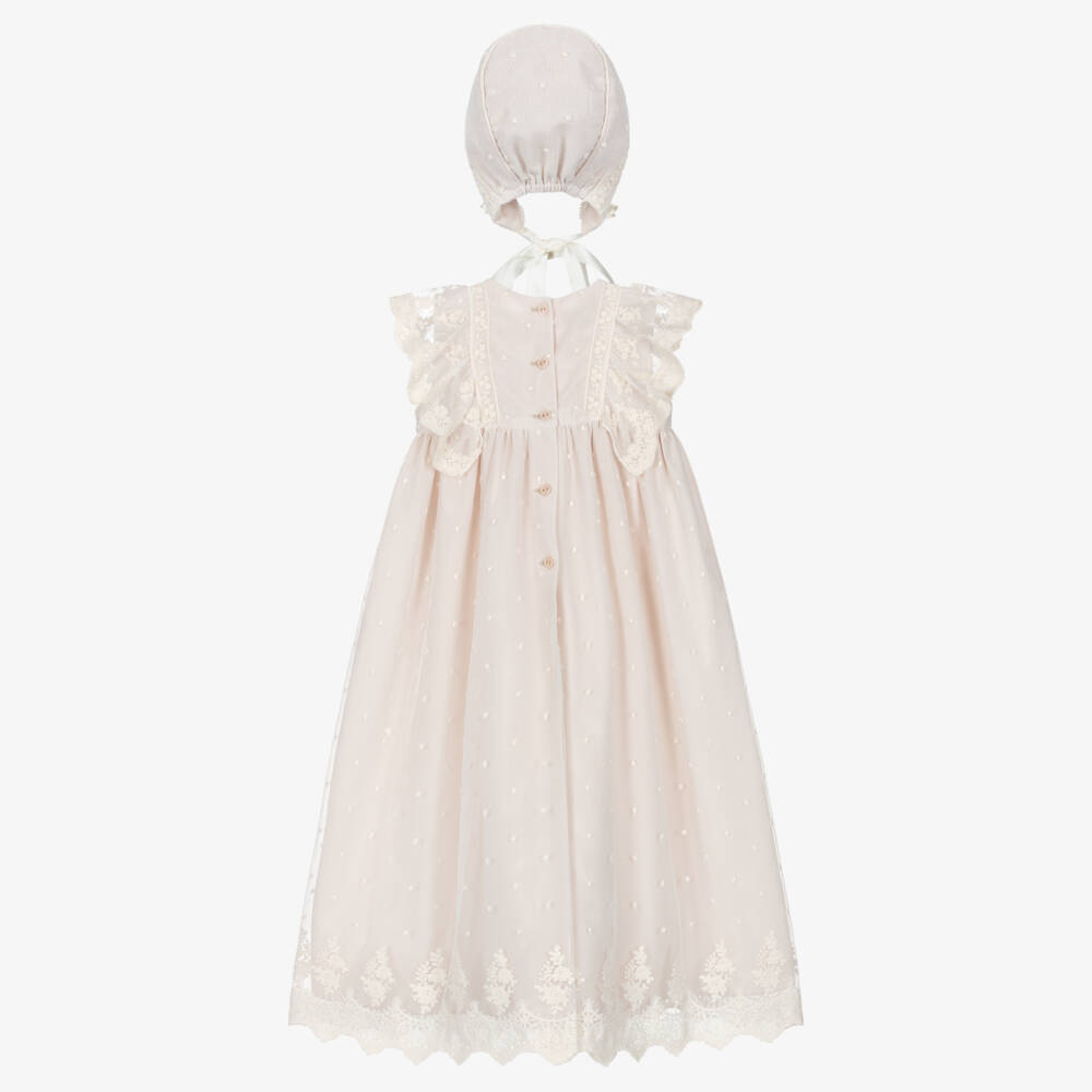 Artesanía Granlei-Baby Girls Beige Embroidered Tulle Ceremony Gown with Bonnet | Childrensalon