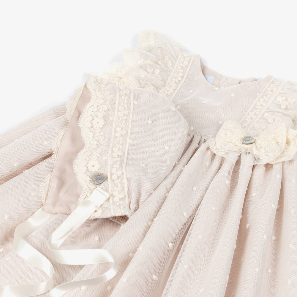 Artesanía Granlei-Baby Girls Beige Embroidered Tulle Ceremony Gown with Bonnet | Childrensalon