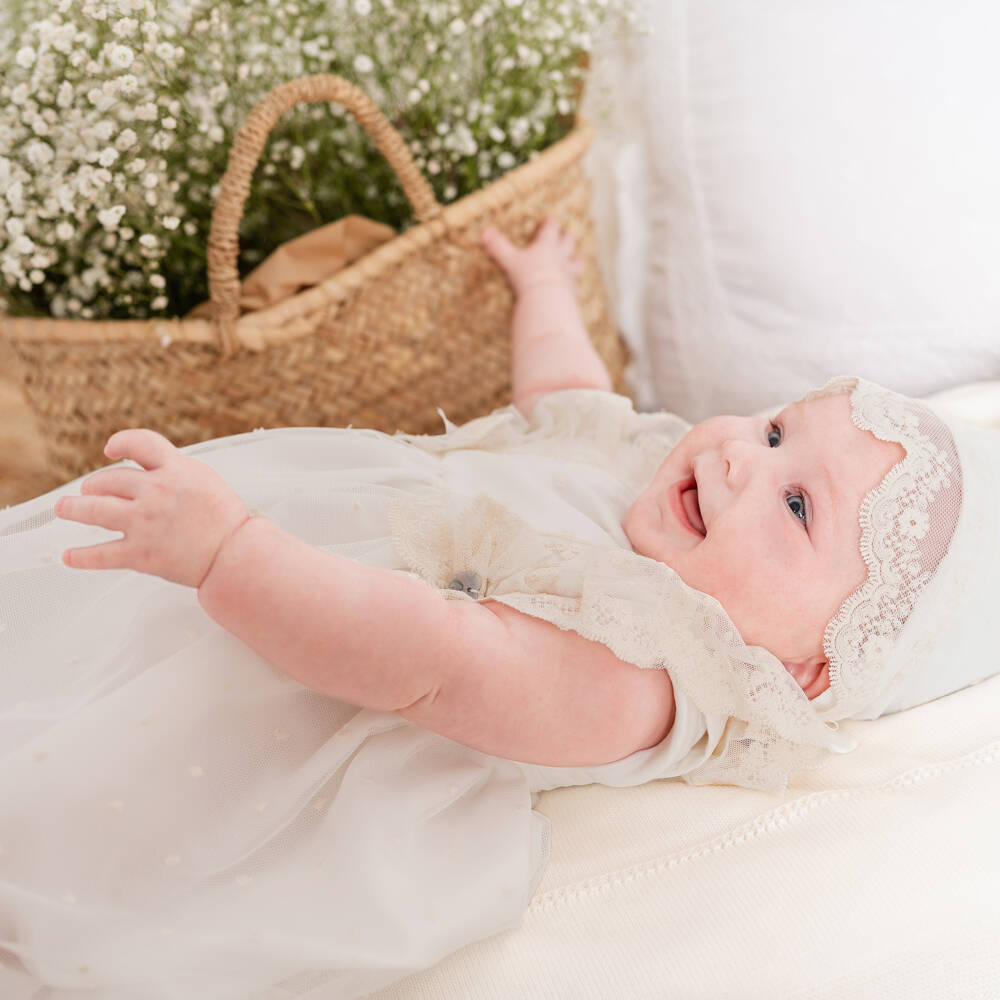 Artesanía Granlei-Baby Girls Beige Embroidered Tulle Ceremony Gown with Bonnet | Childrensalon