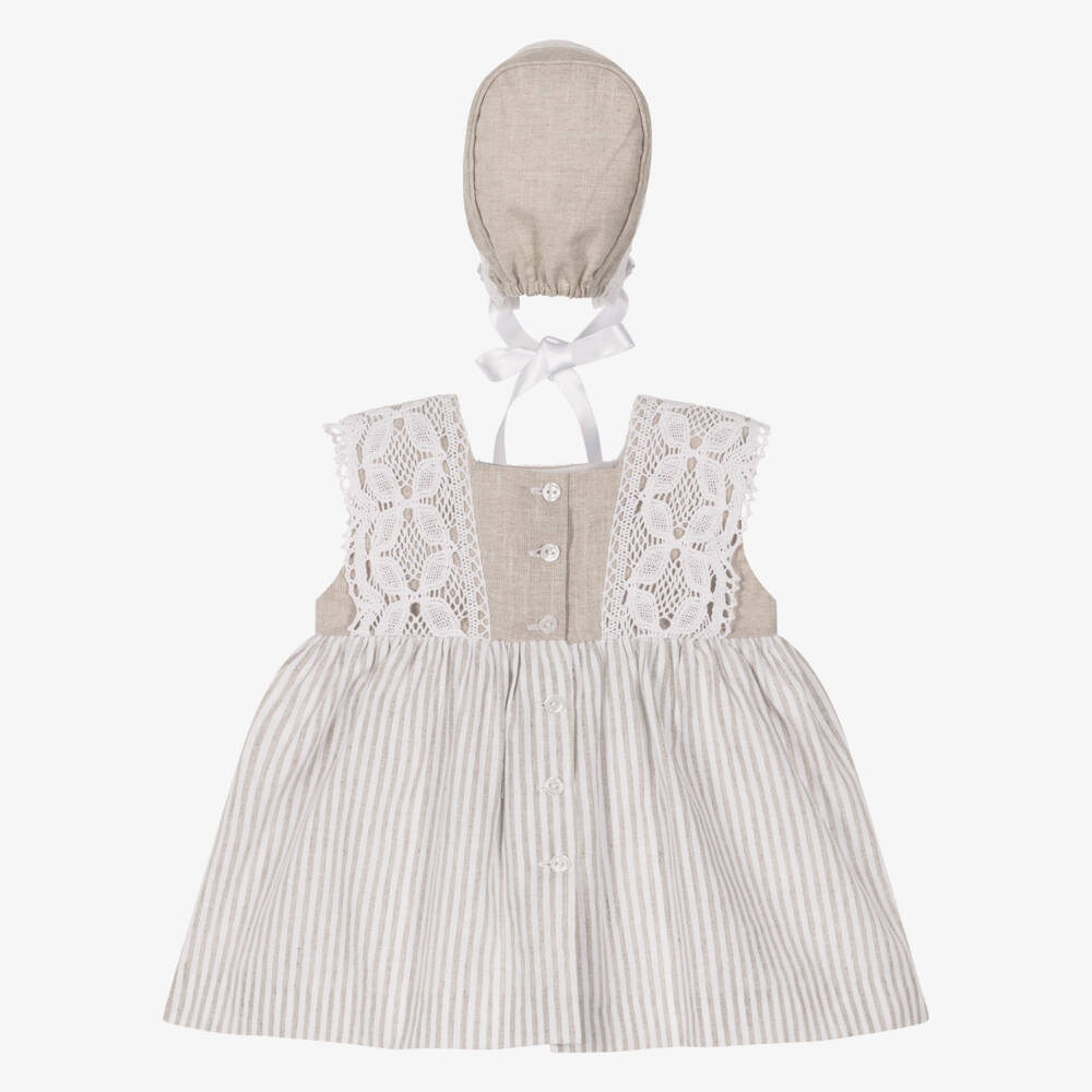 Artesanía Granlei-Baby Girls Beige Striped Dress Set with Lace Trims | Childrensalon