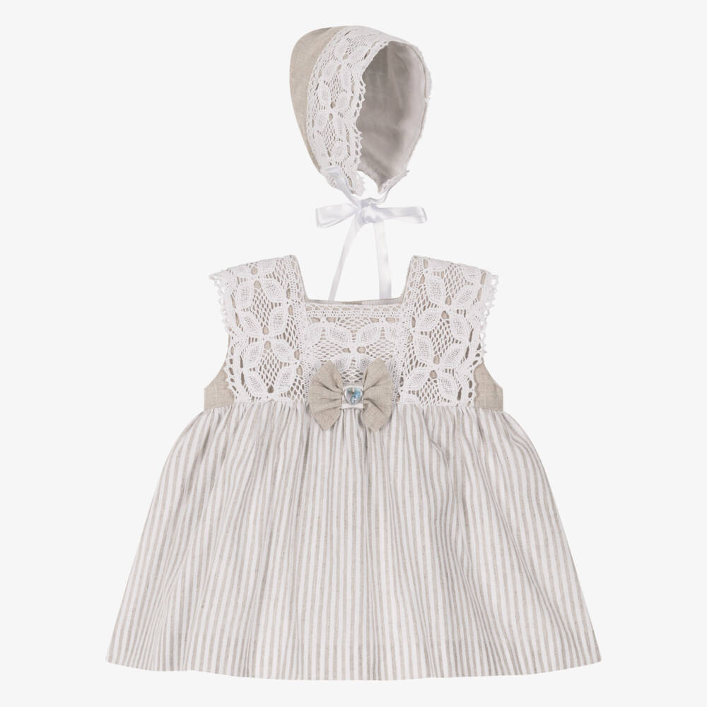 Artesanía Granlei-Baby Girls Beige Striped Dress Set with Lace Trims | Childrensalon