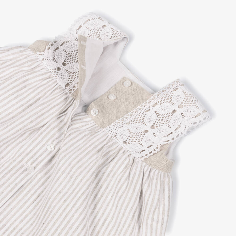 Artesanía Granlei-Baby Girls Beige Striped Dress Set with Lace Trims | Childrensalon