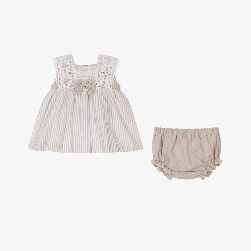 Artesanía Granlei-Baby Girls Beige Striped Dress Set with Lace Trims | Childrensalon