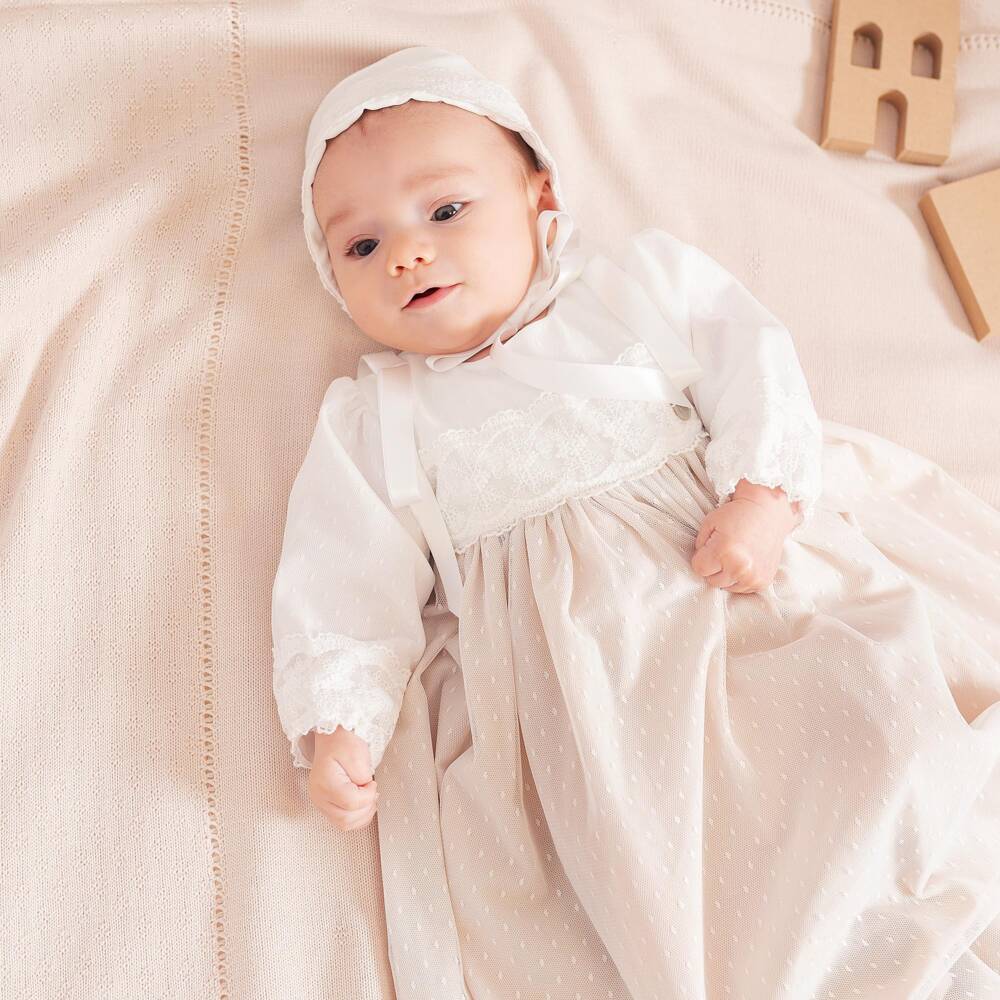 Artesanía Granlei-Baby Girls Beige & White Tulle & Lace Dress | Childrensalon