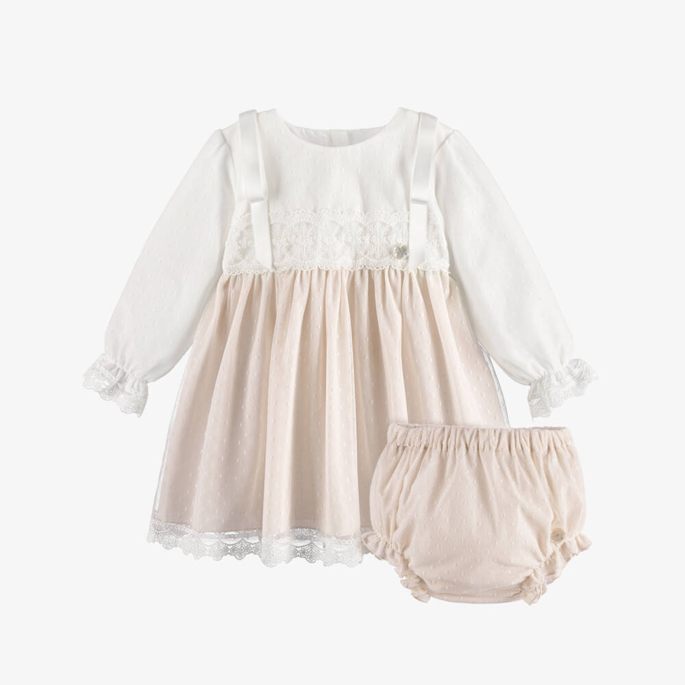 Artesanía Granlei-Baby Girls Beige & White Tulle & Lace Dress | Childrensalon