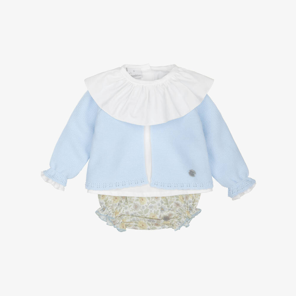 Artesanía Granlei-Baby Girls Blue Floral Print Bloomer Shorts & Cardigan Set | Childrensalon
