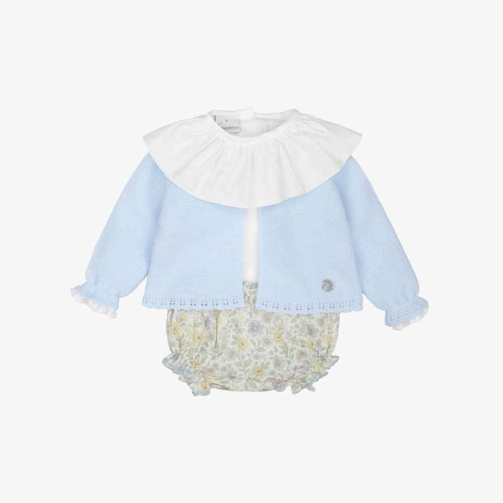 Artesanía Granlei-Baby Girls Blue Floral Print Bloomer Shorts & Cardigan Set | Childrensalon