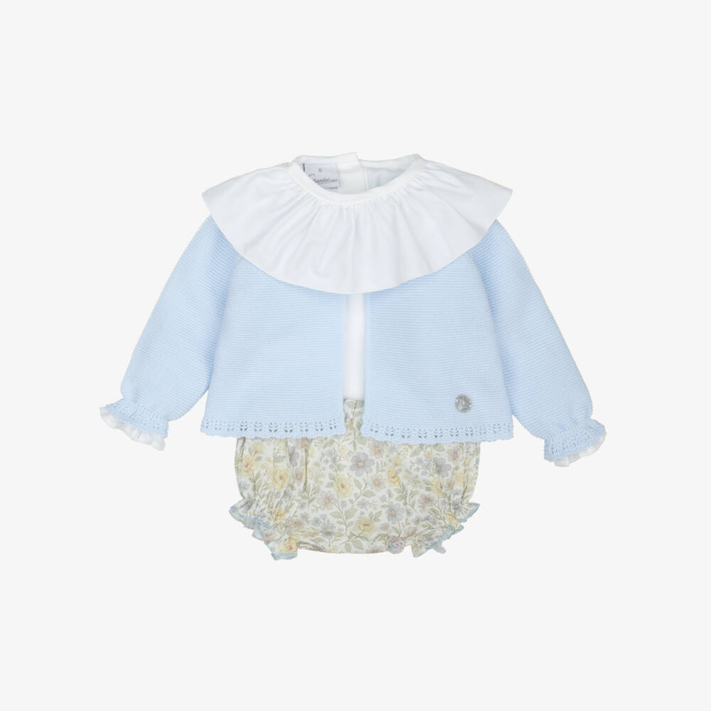 Artesanía Granlei-Baby Girls Blue Floral Print Bloomer Shorts & Cardigan Set | Childrensalon