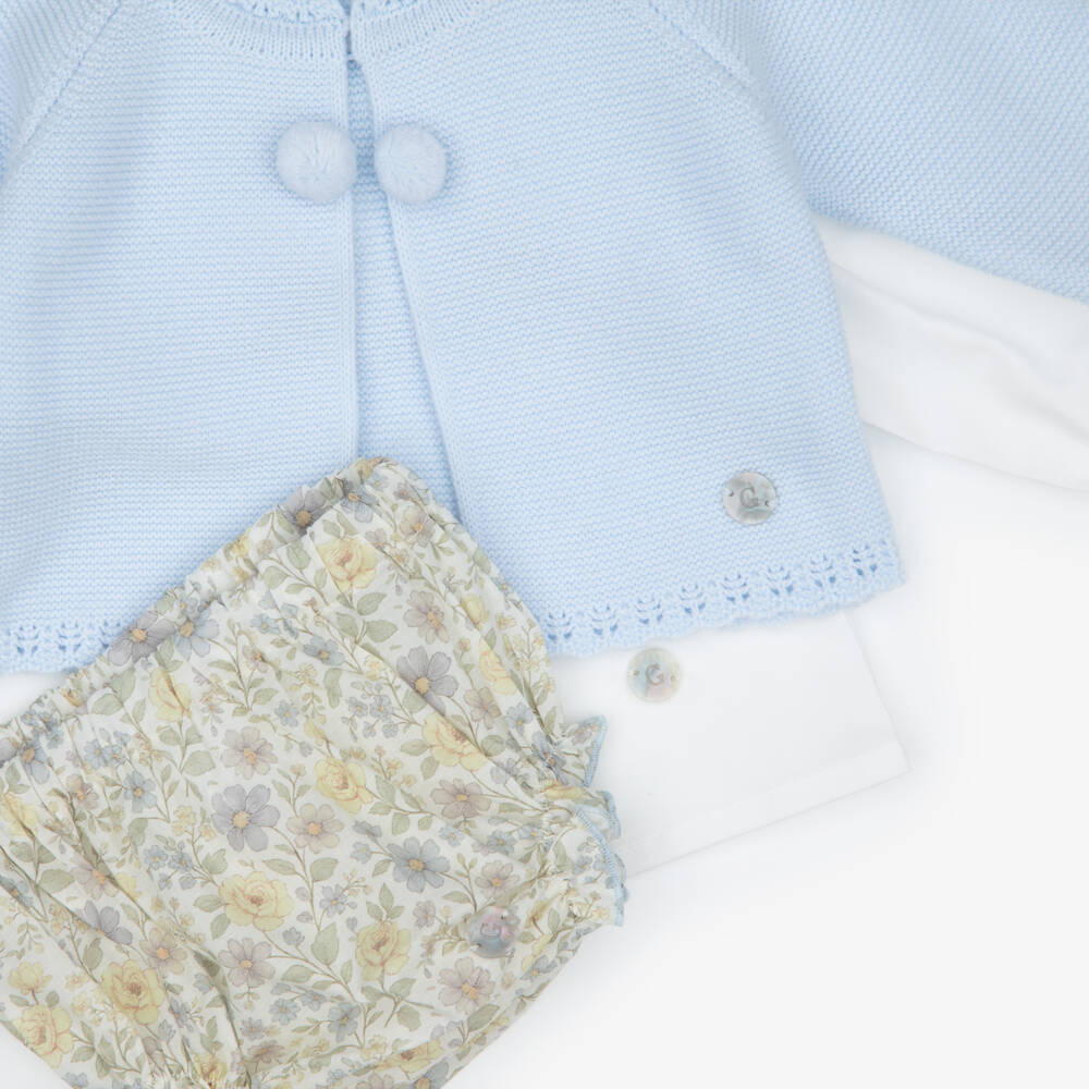 Artesanía Granlei-Baby Girls Blue Floral Print Bloomer Shorts & Cardigan Set | Childrensalon