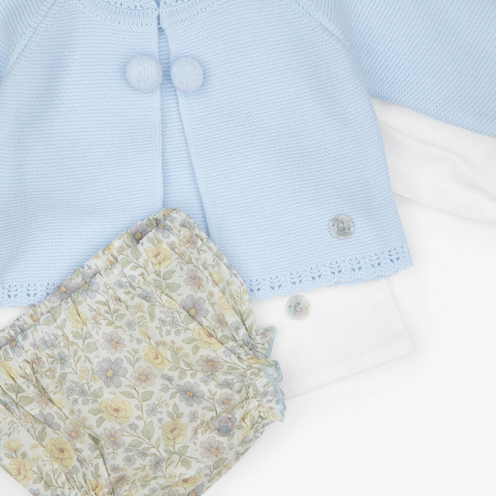 Artesanía Granlei-Baby Girls Blue Floral Print Bloomer Shorts & Cardigan Set | Childrensalon