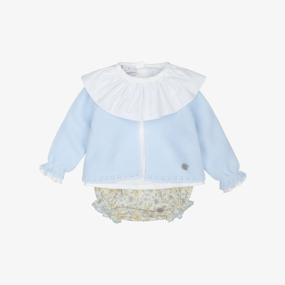 Artesanía Granlei-Baby Girls Blue Floral Print Bloomer Shorts & Cardigan Set | Childrensalon