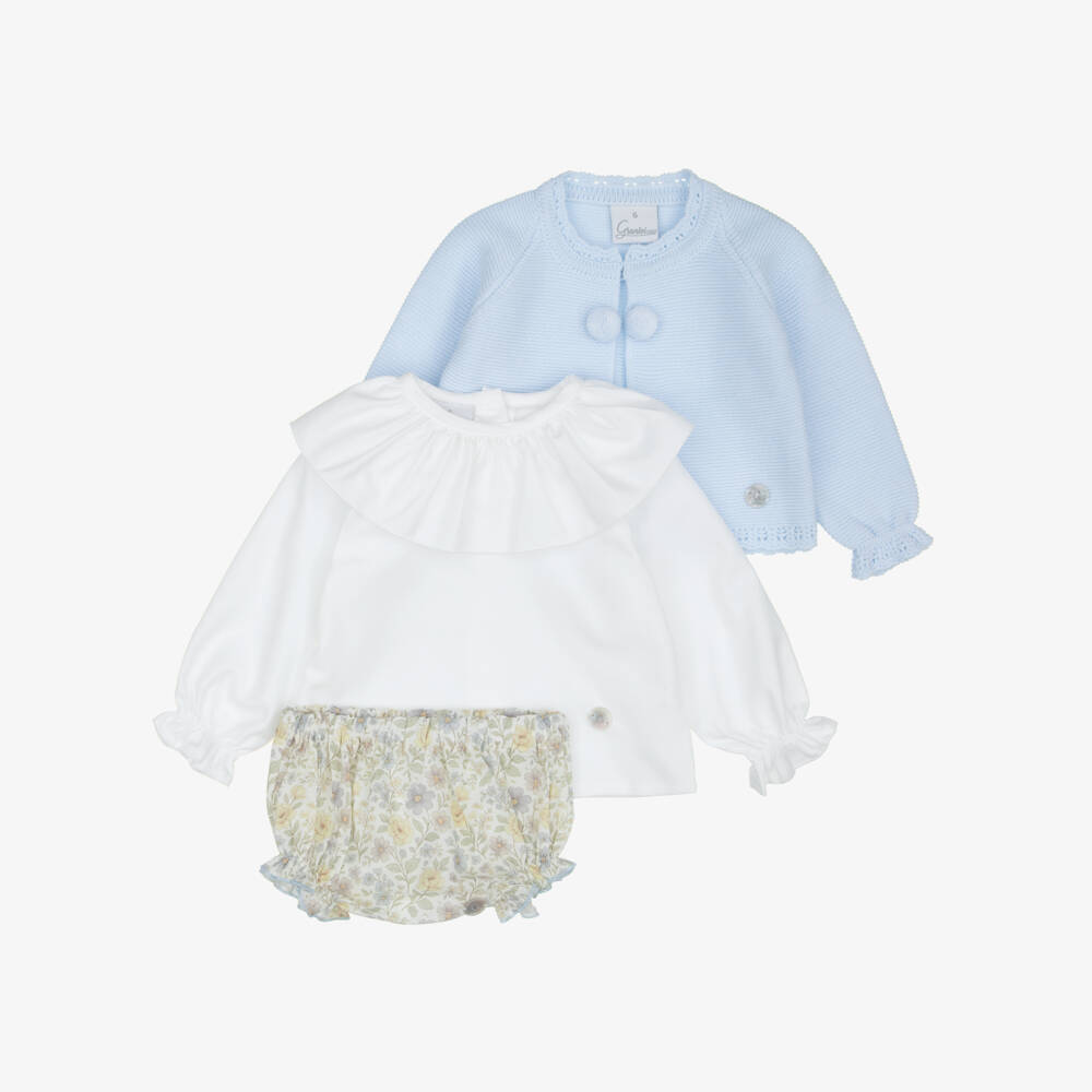 Artesanía Granlei-Baby Girls Blue Floral Print Bloomer Shorts & Cardigan Set | Childrensalon