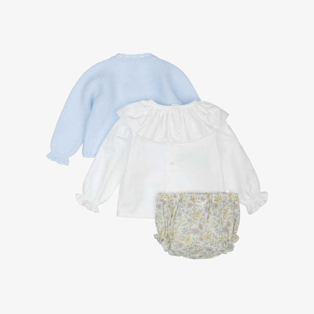 Artesanía Granlei-Baby Girls Blue Floral Print Bloomer Shorts & Cardigan Set | Childrensalon