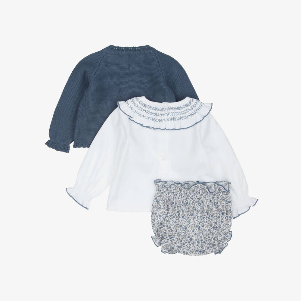 Artesanía Granlei-Baby Girls Blue Floral Print Shorts & Cardigan Set | Childrensalon