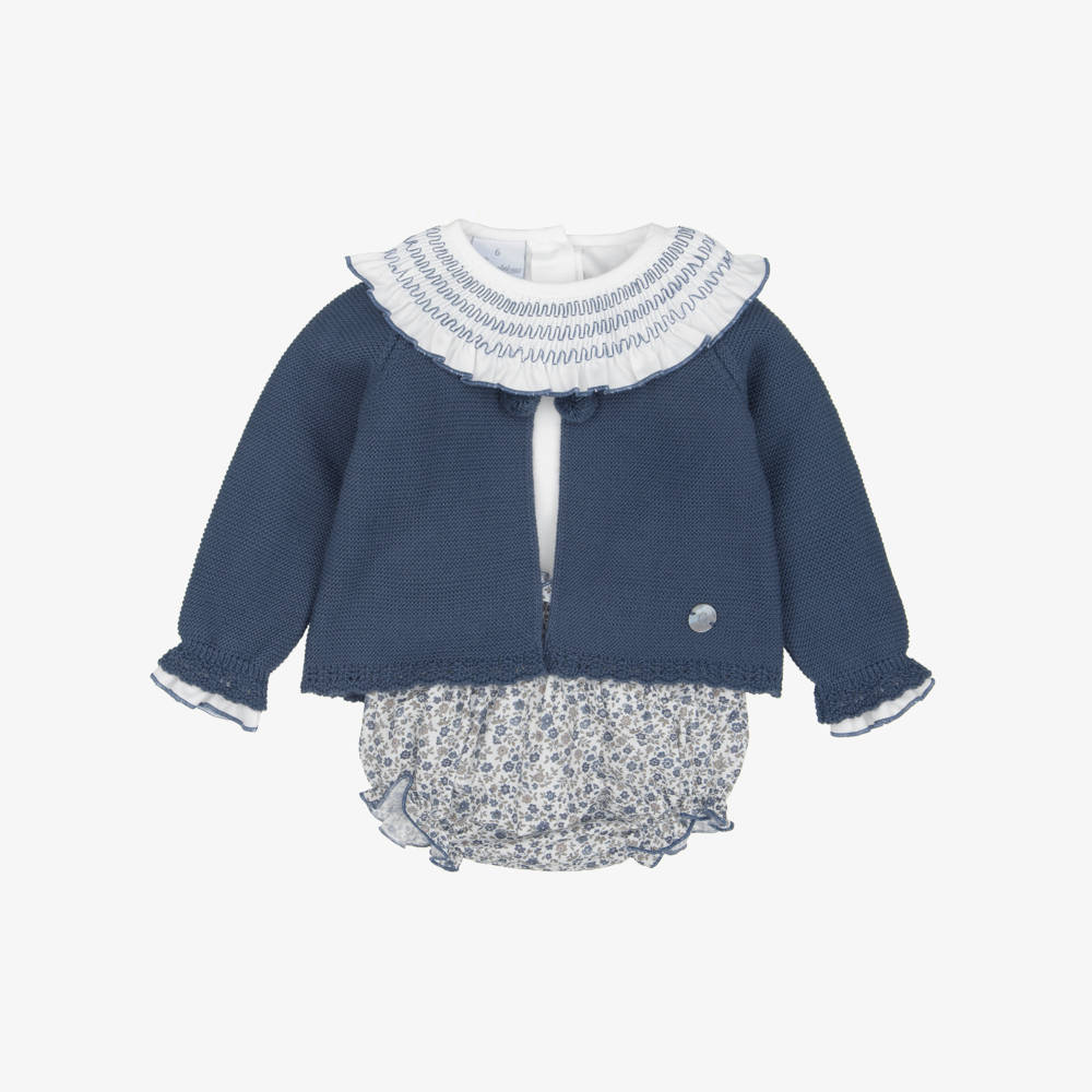 Artesanía Granlei-Baby Girls Blue Floral Print Shorts & Cardigan Set | Childrensalon