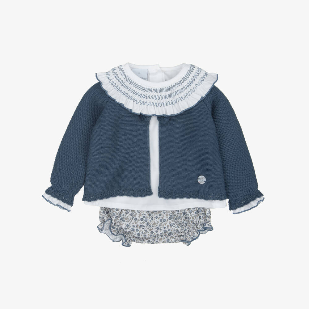 Artesanía Granlei-Baby Girls Blue Floral Print Shorts & Cardigan Set | Childrensalon