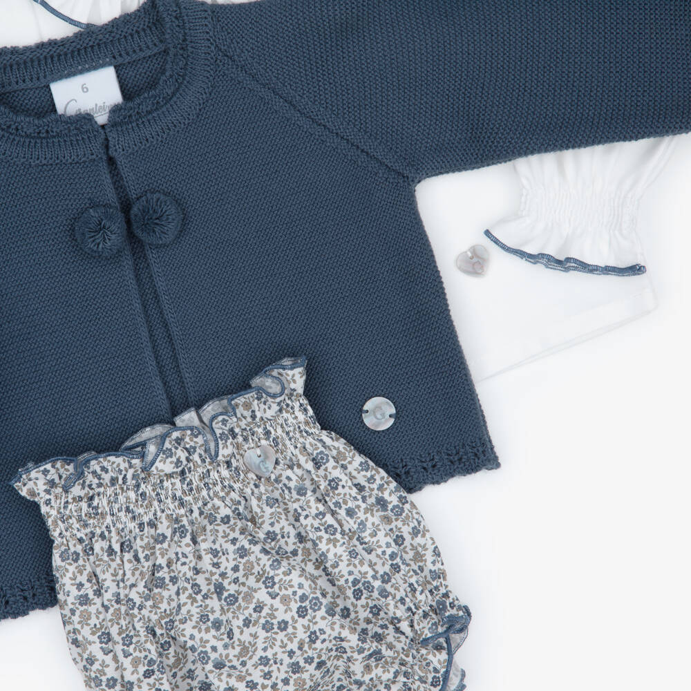 Artesanía Granlei-Baby Girls Blue Floral Print Shorts & Cardigan Set | Childrensalon