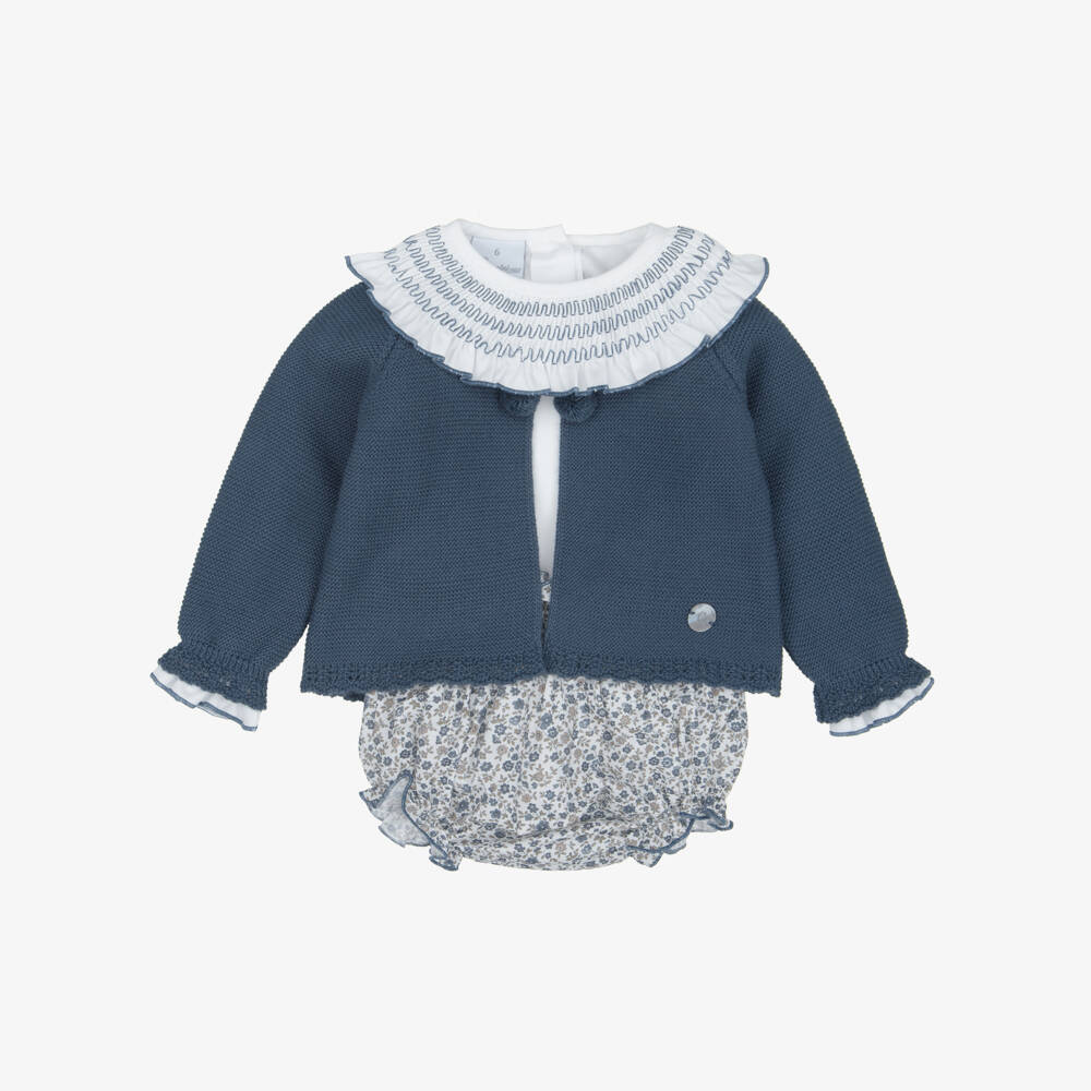 Artesanía Granlei-Baby Girls Blue Floral Print Shorts & Cardigan Set | Childrensalon