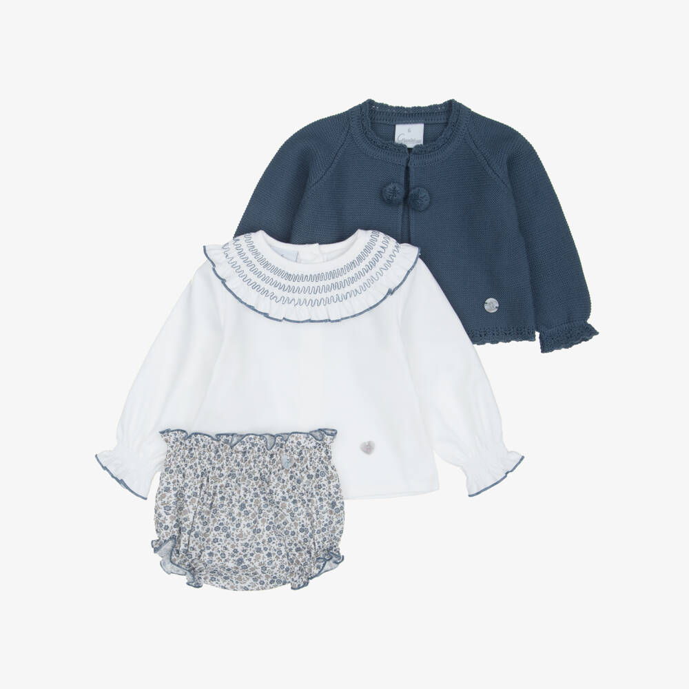 Artesanía Granlei-Baby Girls Blue Floral Print Shorts & Cardigan Set | Childrensalon