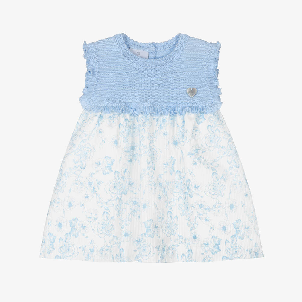 Artesanía Granlei-Baby Girls Blue Knitted & Floral Patterned Dress | Childrensalon
