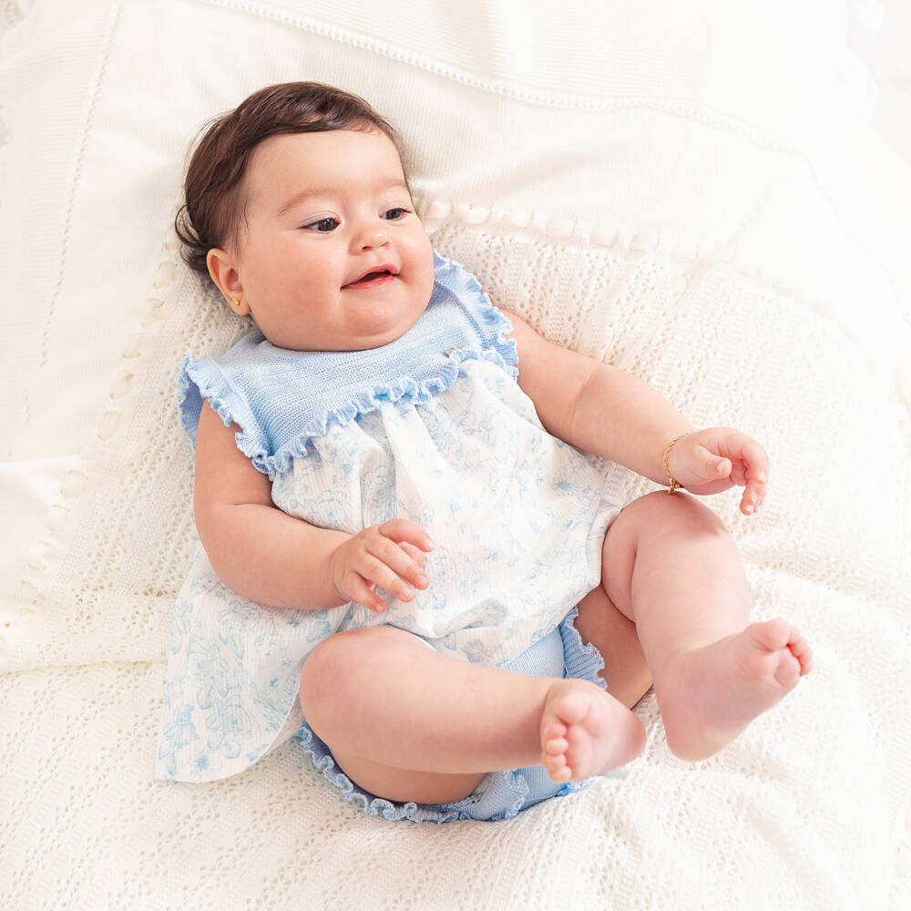 Artesanía Granlei-Baby Girls Blue Knitted & Floral Patterned Dress | Childrensalon