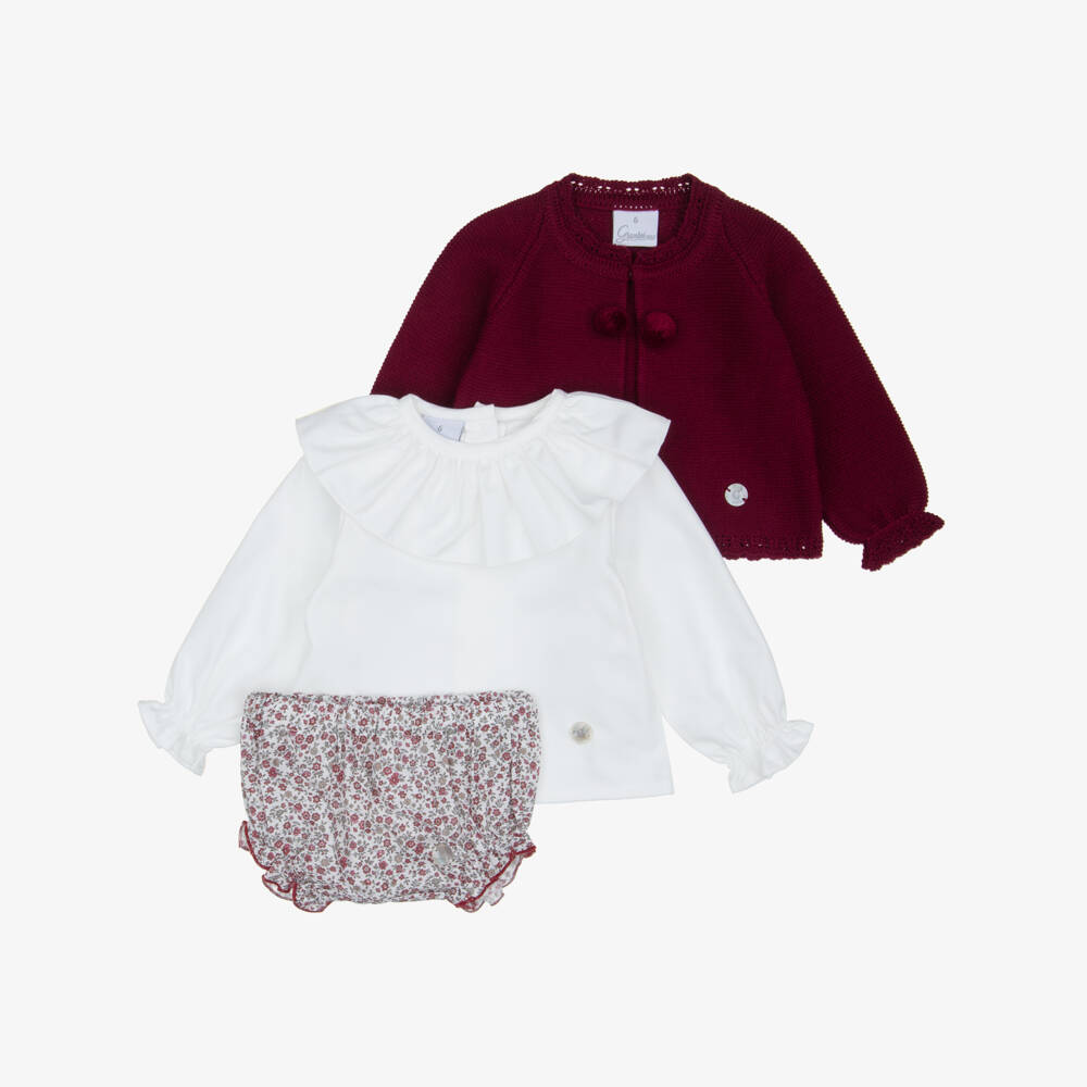 Artesanía Granlei-Baby Girls Burgundy Floral Print Bloomer Shorts & Cardigan Set | Childrensalon