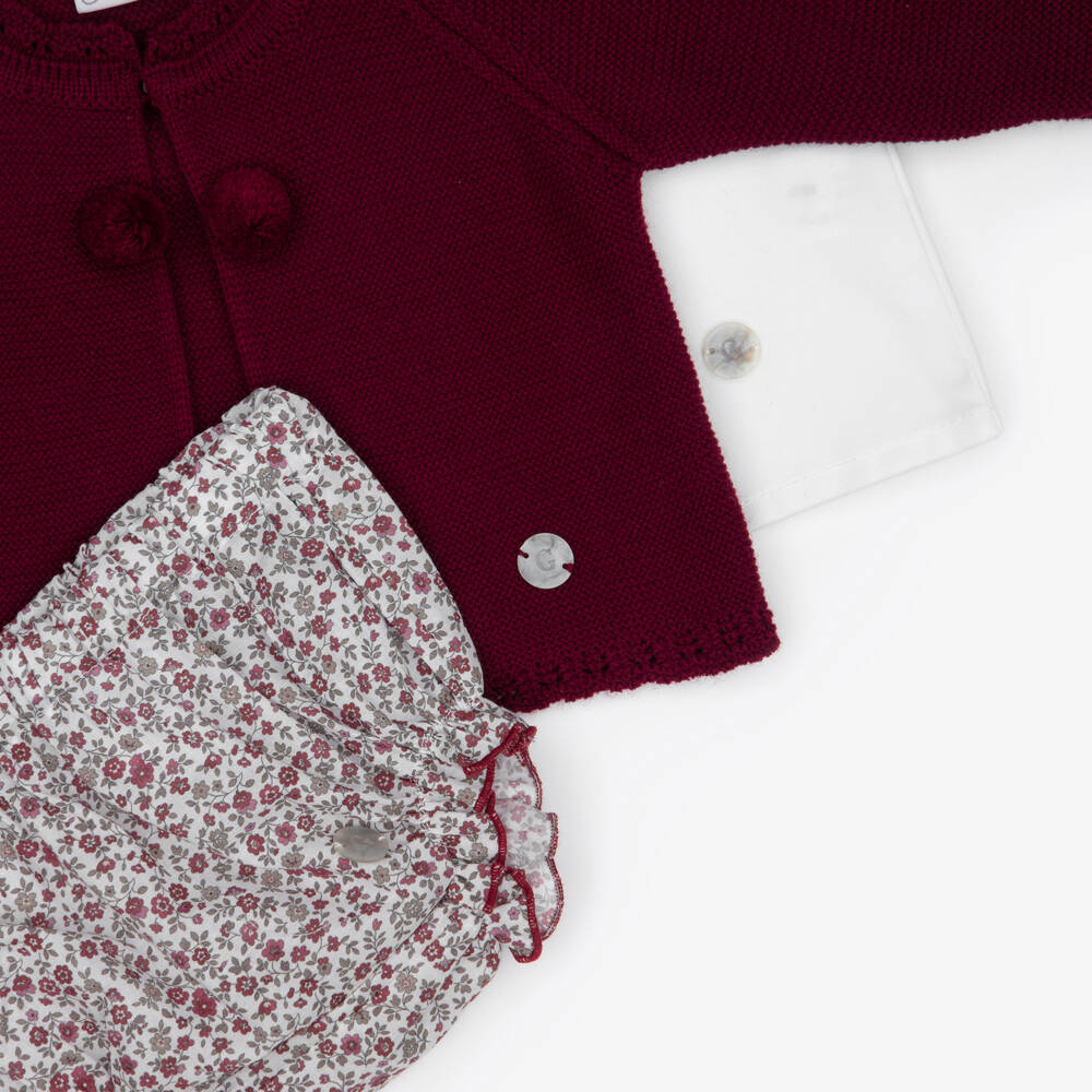 Artesanía Granlei-Baby Girls Burgundy Floral Print Bloomer Shorts & Cardigan Set | Childrensalon