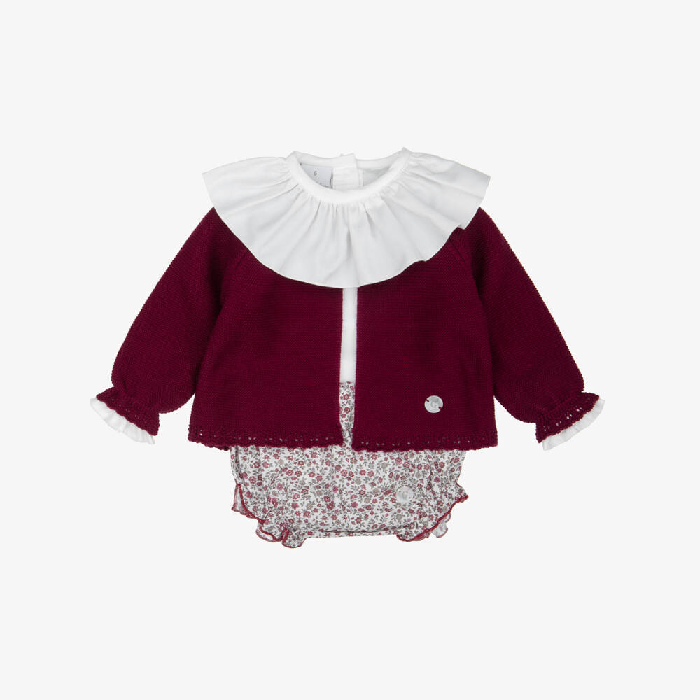Artesanía Granlei-Baby Girls Burgundy Floral Print Bloomer Shorts & Cardigan Set | Childrensalon