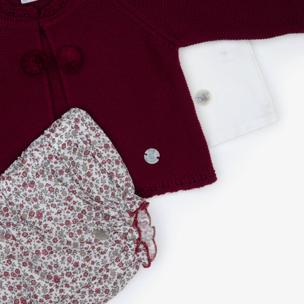 Artesanía Granlei-Baby Girls Burgundy Floral Print Bloomer Shorts & Cardigan Set | Childrensalon